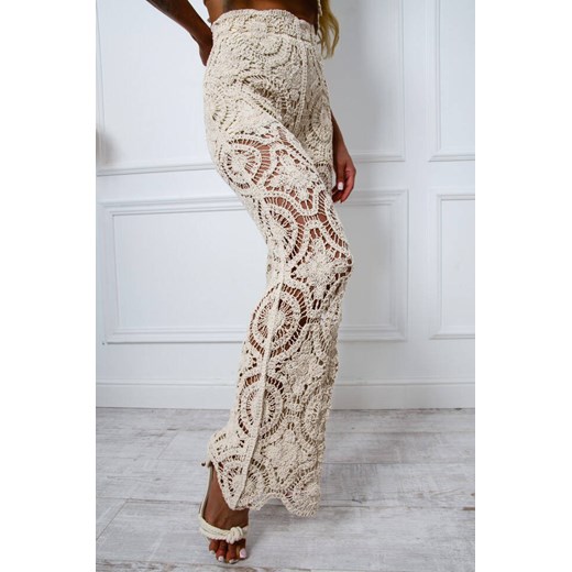BEŻOWE AŻUROWE SPODNIE Z WYSOKIM STANEM WE WZORY BOHO Olika uniwersalny olika.com.pl