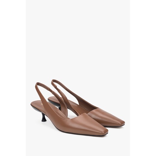 Estro: Brązowe skórzane czółenka damskie na niskim obcasie typu slingback Estro 36 Estro