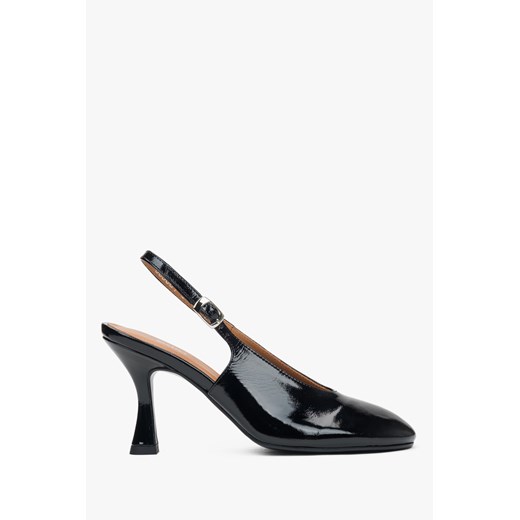 Estro: Czarne buty na obcasie typu slingback z włoskiej skóry lakierowanej Premium ze sklepu Estro w kategorii Czółenka - zdjęcie 184535770