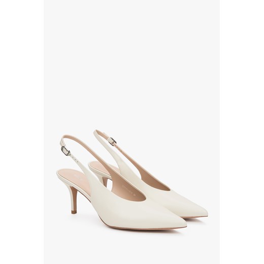 Estro: Jasnobeżowe skórzane czółenka damskie typu slingback na obcasie ze sklepu Estro w kategorii Czółenka - zdjęcie 184535784