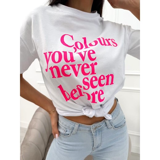 Biały T-shirt z Nadrukiem ze sklepu ModnaKiecka.pl w kategorii Bluzki damskie - zdjęcie 184541690