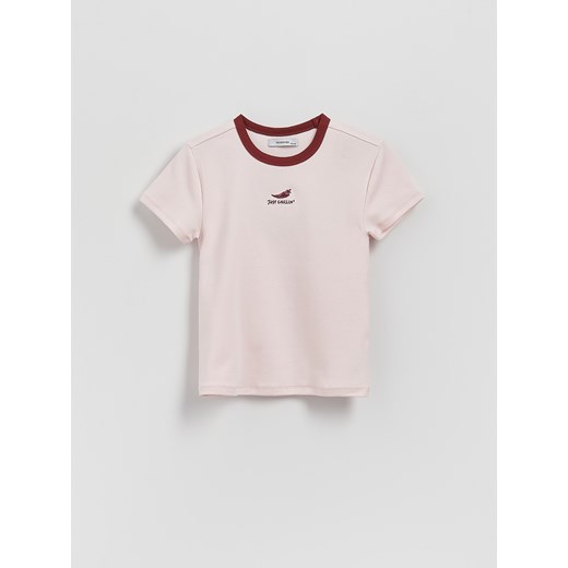 Reserved - Bawełniany T-shirt z haftem - pastelowy róż ze sklepu Reserved w kategorii Bluzki dziewczęce - zdjęcie 184542010