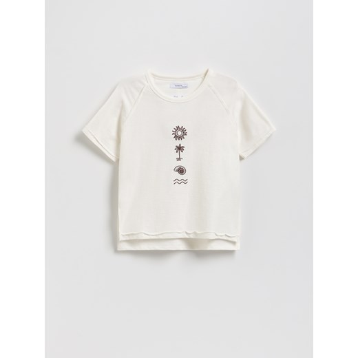 Reserved - Bawełniany T-shirt z haftem - złamana biel ze sklepu Reserved w kategorii Bluzki dziewczęce - zdjęcie 184542253
