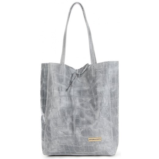 Vittoria Gotti Włoski Shopper XL Uniwersalna Torba Skórzana do noszenia na co dzień z modnym motywem Żółwia Jasno Szara ze sklepu PaniTorbalska w kategorii Torby Shopper bag - zdjęcie 184544070
