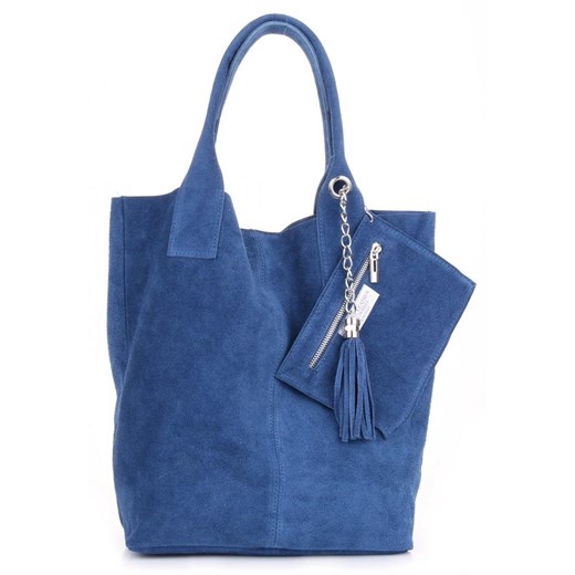 Włoska Torebka Skórzana  Shopper bag Zamsz Naturalny Niebieska ze sklepu PaniTorbalska w kategorii Torby Shopper bag - zdjęcie 184544072
