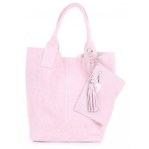 Włoska Torebka Skórzana  Shopper bag Zamsz Naturalny Pudrowy Róż ze sklepu PaniTorbalska w kategorii Torby Shopper bag - zdjęcie 184544140