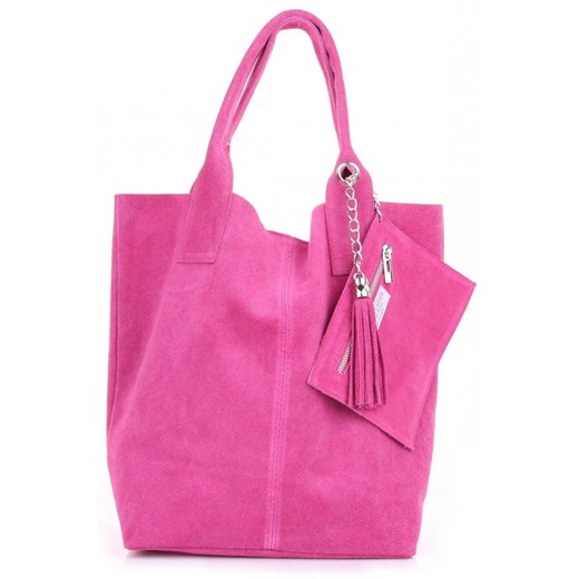Włoska Torebka Skórzana  Shopper bag Zamsz Naturalny Fuksja ze sklepu PaniTorbalska w kategorii Torby Shopper bag - zdjęcie 184544161