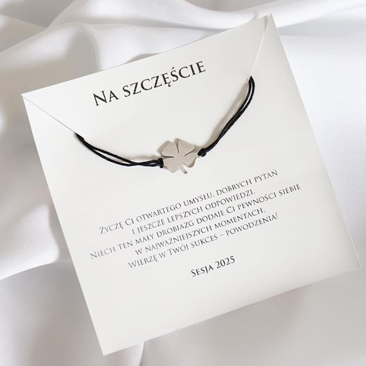 Prezent na Sesje bransoletka z dedykacją na szczęście srebrna koniczynka ze sklepu otien.com w kategorii Bransoletki - zdjęcie 184550490