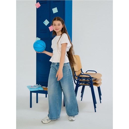 Sinsay - Jeansy wide leg z cyrkoniami - niebieski ze sklepu Sinsay w kategorii Spodnie dziewczęce - zdjęcie 184557131