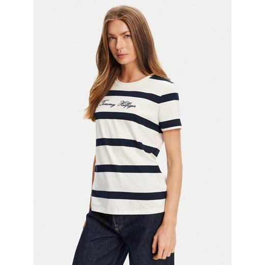 Tommy Hilfiger T-Shirt Script WW0WW45746 Écru Regular Fit ze sklepu MODIVO w kategorii Bluzki damskie - zdjęcie 184562250