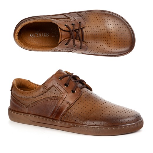 BAREFOOT Męskie buty skórzane sznurowane minimalistyczne 115KZ perforowane brązowe ze sklepu butyolivier w kategorii Półbuty męskie - zdjęcie 184584582