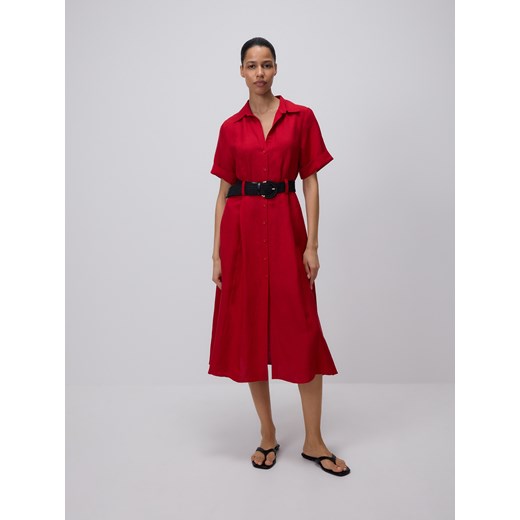 Reserved - Sukienka midi z dodatkiem lnu - czerwony ze sklepu Reserved w kategorii Sukienki - zdjęcie 184590082