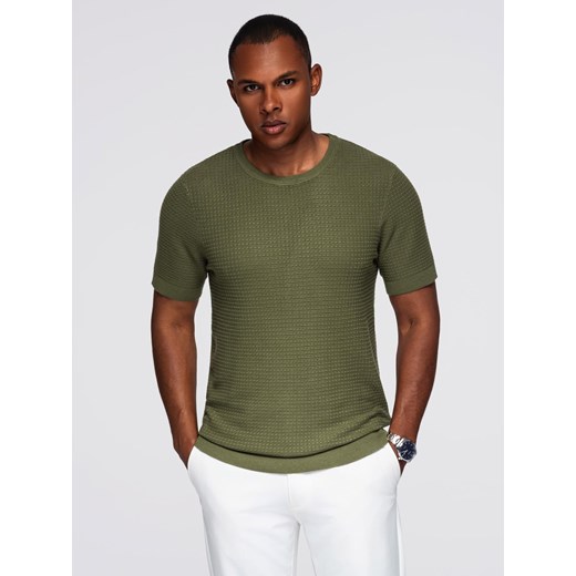 Strukturalna dzianinowa koszulka męska - oliwkowa V1 OM-TSCT-0253 ze sklepu ombre w kategorii T-shirty męskie - zdjęcie 184595973