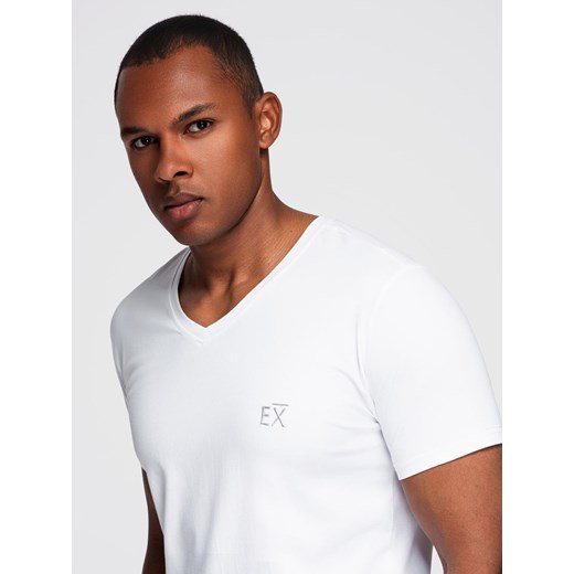 Męski t-shirt V-neck SLIM FIT z elastanem i printem – biały V2 OM-TSBC-0221 ze sklepu ombre w kategorii T-shirty męskie - zdjęcie 184597272