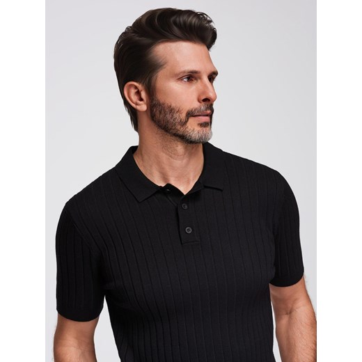 Męska koszulka polo z wiskozą SLIM FIT w pionowy prążek – czarna V1 OM-POSS-0143 ze sklepu ombre w kategorii T-shirty męskie - zdjęcie 184597293