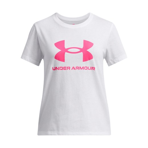 Dziewczęcy t-shirt z nadrukiem Under Armour UA Big Logo SS - biały ze sklepu Sportstylestory.com w kategorii Bluzki dziewczęce - zdjęcie 184601204