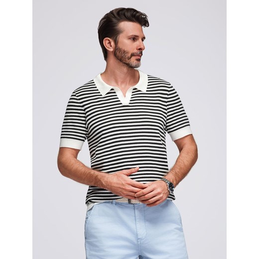 Męska dzianinowa koszulka polo bez guzików w marynarskie paski – czarno-biała V1 OM-POSS-0161 ze sklepu ombre w kategorii T-shirty męskie - zdjęcie 184602120
