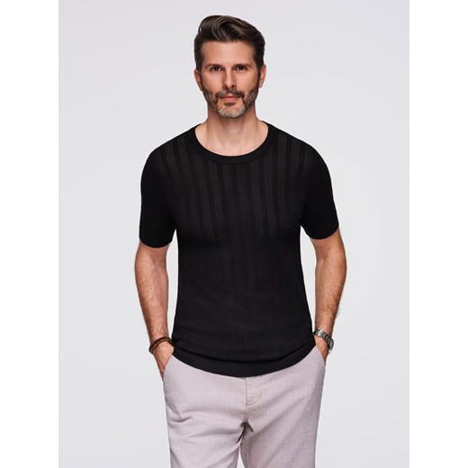 Ażurowy męski sweter z okrągłym dekoltem i krótkim rękawem – czarny V2 OM-TSCT-0251 ze sklepu ombre w kategorii T-shirty męskie - zdjęcie 184602163