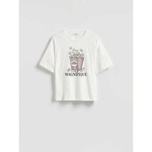 Reserved - T-shirt oversize z nadrukiem - złamana biel Reserved L Reserved wyprzedaż