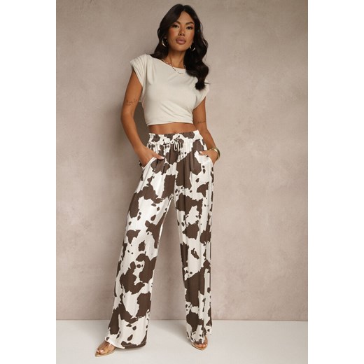 Brązowe Szerokie Spodnie High Waist z Wiskozy w Print w Krowie Łaty Nelianta ze sklepu renee.pl w kategorii Spodnie damskie - zdjęcie 184602732