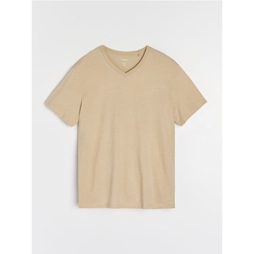 Sinsay - Koszulka basic z dekoltem w serek - beżowy ze sklepu Sinsay w kategorii T-shirty męskie - zdjęcie 184610384