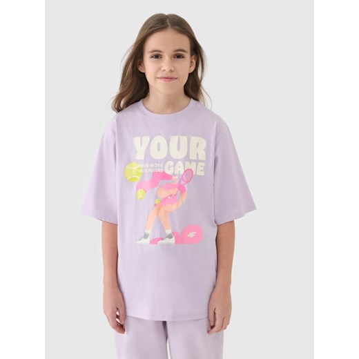 Dziewczęcy t-shirt oversize z nadrukiem 4F 4FJASAW24TTSHF2592 - różowy ze sklepu Sportstylestory.com w kategorii Bluzki dziewczęce - zdjęcie 184610762