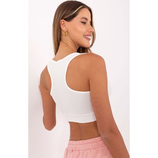Ecru prążkowany crop top damski HG-TP-5445.47, Kolor ecru, Rozmiar S, Rue Paris ze sklepu Primodo w kategorii Bluzki damskie - zdjęcie 184614041