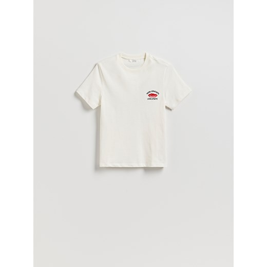 Reserved - T-shirt z nadrukiem i haftem - złamana biel ze sklepu Reserved w kategorii Bluzki damskie - zdjęcie 184638044