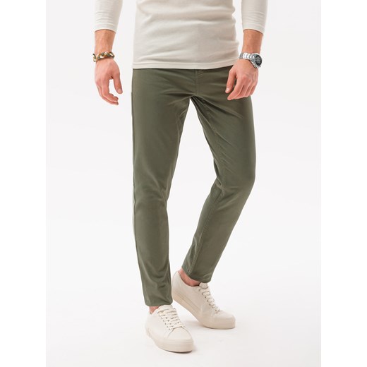Spodnie męskie chinosy SLIM FIT - oliwkowe V26 P1059 L wyprzedaż ombre