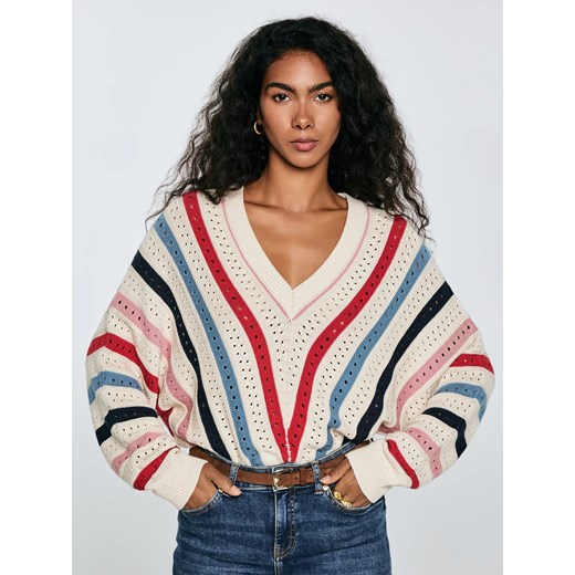Sweter damski ażurowy w kolorowe paski kremowy Vika 102 ze sklepu Big Star w kategorii Swetry damskie - zdjęcie 184642282