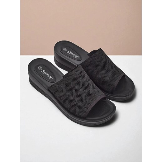 Damskie klapki Kallista na koturnie czarne z eko skóry i tkaniny lato Royalfashion.pl 39 okazyjna cena royalfashion.pl