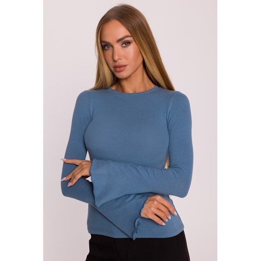 Bluzka typu longsleeve z dzianiny sweterkowej - błękitna ze sklepu Cudmoda w kategorii Bluzki damskie - zdjęcie 184646644
