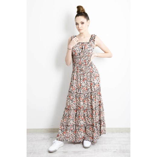 SUKIENKA MAXI W KWIATY Z GUMĄ W PASIE - CZERWONA ze sklepu olika.com.pl w kategorii Sukienki - zdjęcie 184646720
