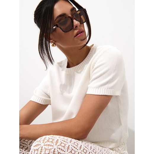 Mohito - Bawełniany kremowy sweter z krótkim rękawem - kremowy Mohito XL Mohito