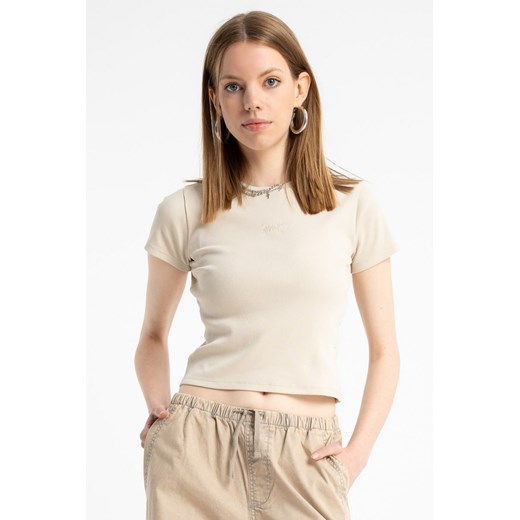 Kremowy crop top z dzianiny prążkowanej, kolor - kremowy, rozmiar - 140 ze sklepu REPORTER w kategorii Bluzki dziewczęce - zdjęcie 184668711