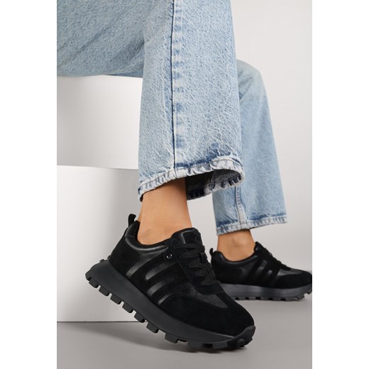 Czarne Sneakersy ze Skóry Naturalnej Ozdobione Geometrycznym Wzorem Melassea ze sklepu renee.pl w kategorii Buty sportowe damskie - zdjęcie 184674392