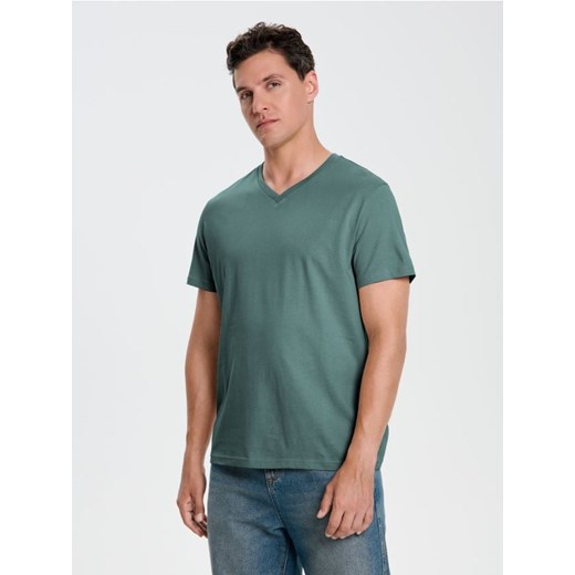 Sinsay - Koszulka basic z dekoltem w serek - zielony ze sklepu Sinsay w kategorii T-shirty męskie - zdjęcie 184680224