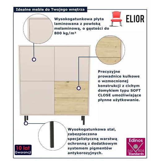 Komoda na nóżkach z 2 szufladami kaszmir + dąb artisan - Liosso 4X Elior One Size Edinos.pl