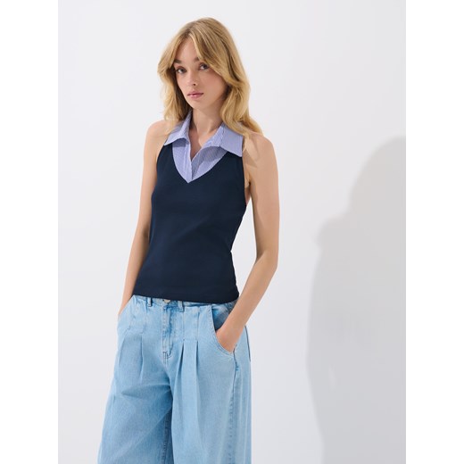 Mohito - Bluzka ze wstawką koszulową - granatowy Mohito M Mohito