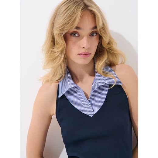 Mohito - Bluzka ze wstawką koszulową - granatowy Mohito XS Mohito