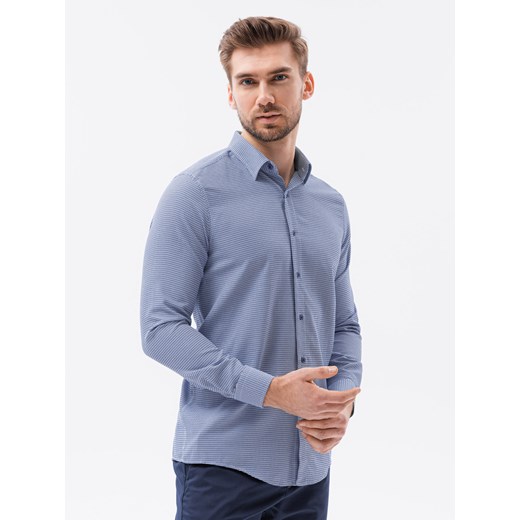 Żakardowa koszula męska z drobnym wzorem REGULAR FIT - granatowa V2 K623 ze sklepu ombre w kategorii Koszule męskie - zdjęcie 184698141