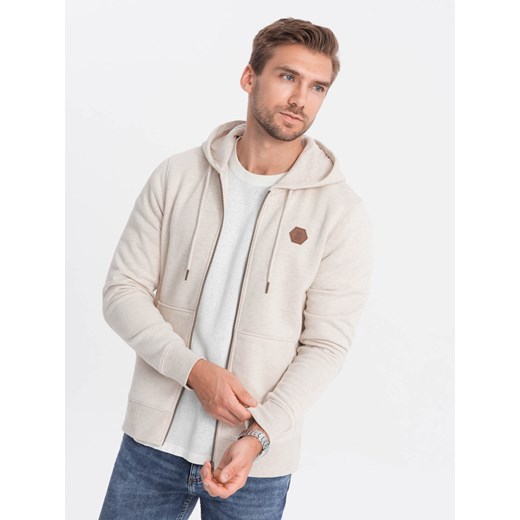 Rozpinana bluza męska HOODIE z przyjemnej dzianiny - kremowy melanż V1 OM-SSZP-0116 ze sklepu ombre w kategorii Bluzy męskie - zdjęcie 184698210