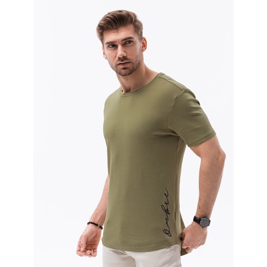 T-shirt męski bawełniany z nadrukiem - oliwkowy V4 S1387 ze sklepu ombre w kategorii T-shirty męskie - zdjęcie 184698240
