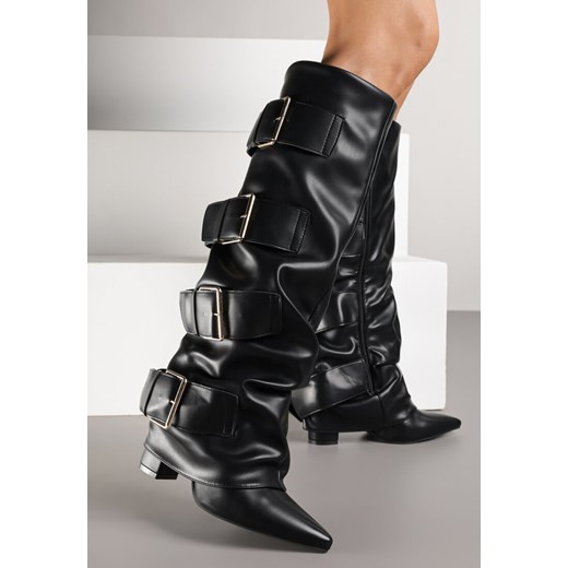 Czarne Marszczone Kozaki na Słupkowym Obcasie Zdobione Sprzączkami Arqellia 40 born2be.pl