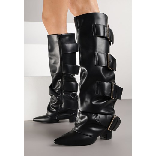 Czarne Kozaki na Słupku z Wywiniętą Cholewką i Klamrami Arullia Renee 38 renee.pl