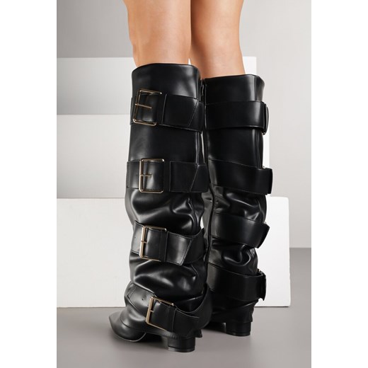 Czarne Kozaki na Słupku z Wywiniętą Cholewką i Klamrami Arullia Renee 38 renee.pl