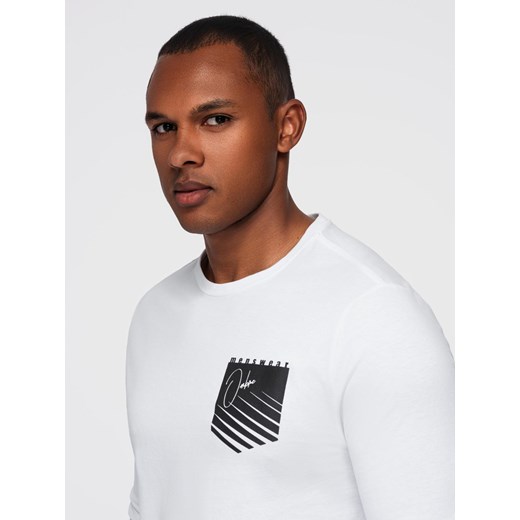 Longsleeve męski z printem w kształcie kieszonki - biały V1 OM-LSPT-0118 ze sklepu ombre w kategorii T-shirty męskie - zdjęcie 184721191