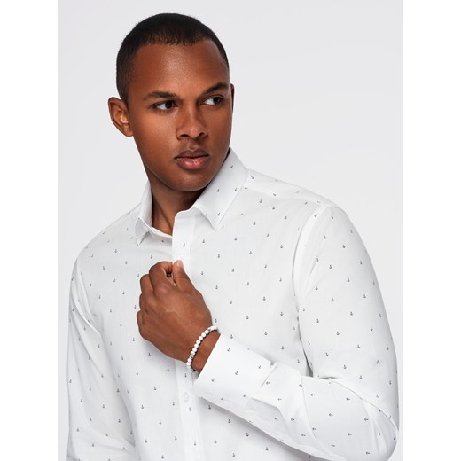 Klasyczna męska bawełniana koszula SLIM FIT w kotwice - biała V3 OM-SHCS-0156 XXL ombre wyprzedaż
