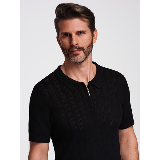 Koszulka męska polo ażurowa z suwakiem przy dekolcie – czarna V2 OM-POSS-0158 ze sklepu ombre w kategorii T-shirty męskie - zdjęcie 184733543
