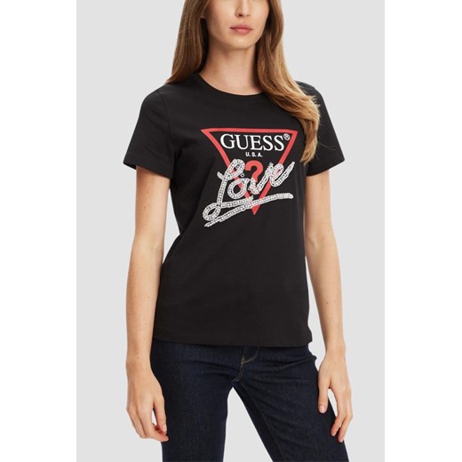 GUESS Czarny damski t-shirt Pearls Love, Rozmiar XS ze sklepu outfit.pl w kategorii Bluzki damskie - zdjęcie 184734094